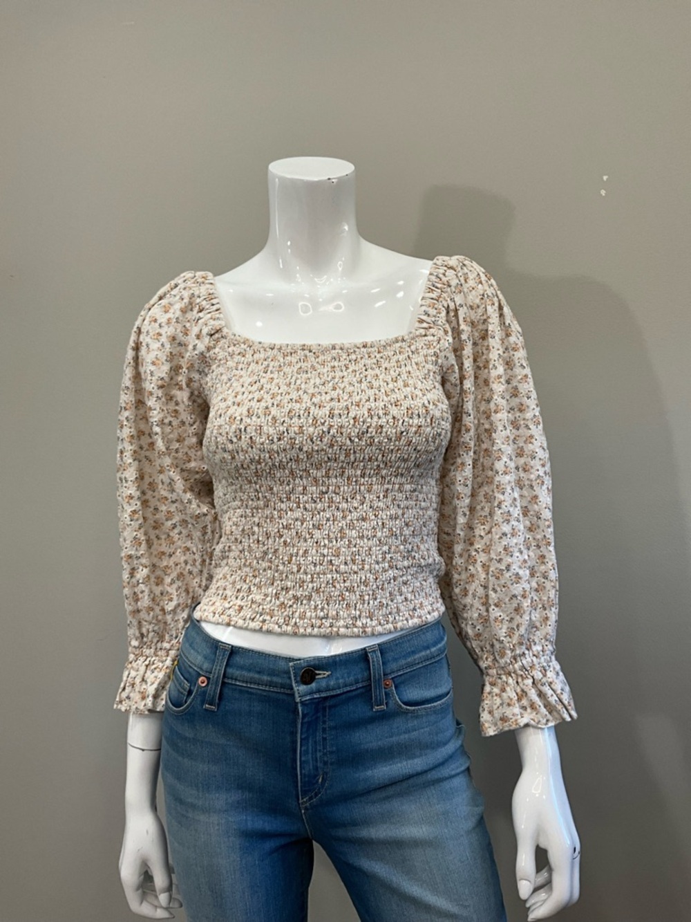 Hutch Cream Floral Smocked Square Neck Puff Sleeve Blouse Top Size M